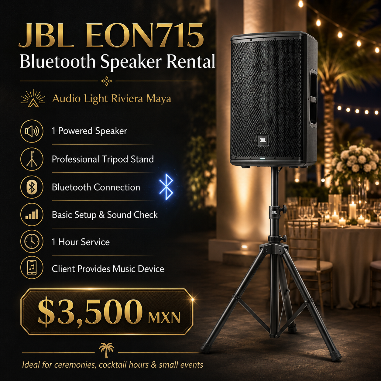 JBL EON715 Bluetooth Speaker Rental for Small Events | Riviera Maya