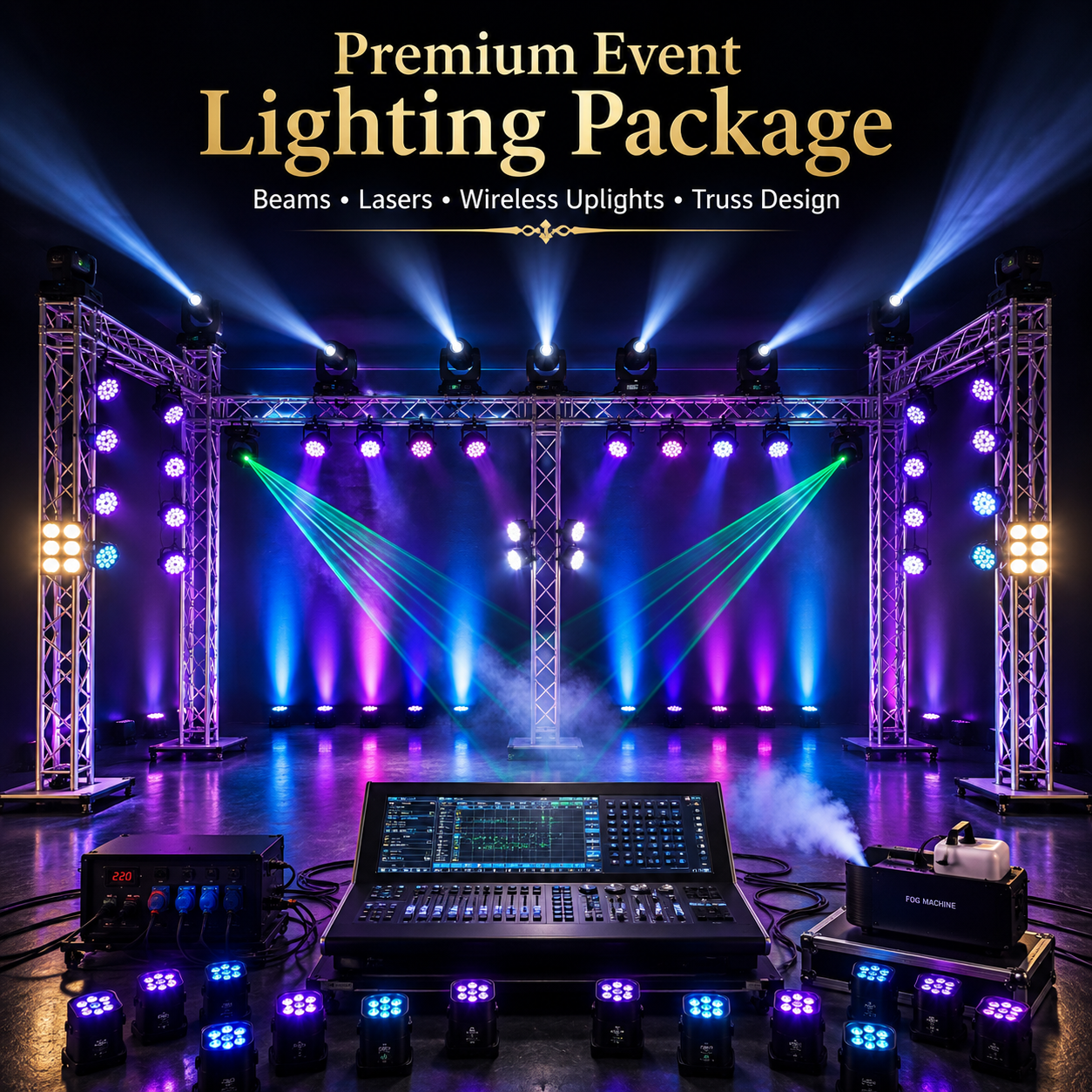 Premium Event Lighting Package | Beams, Lasers, Wireless Uplights & Truss Design